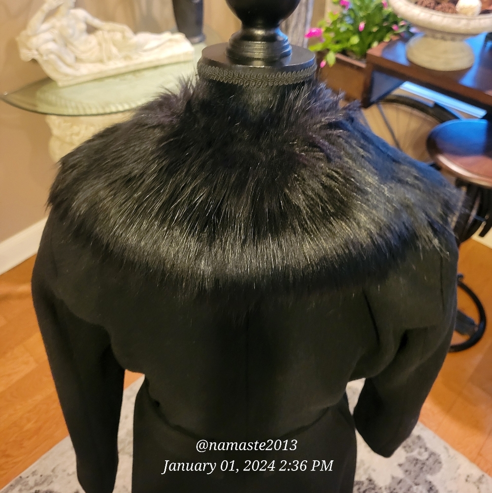 Guess Wool Blend Faux Fur Collar Pea Coat Luxury Designer Jacket Winter #677 - Picture 10 of 15